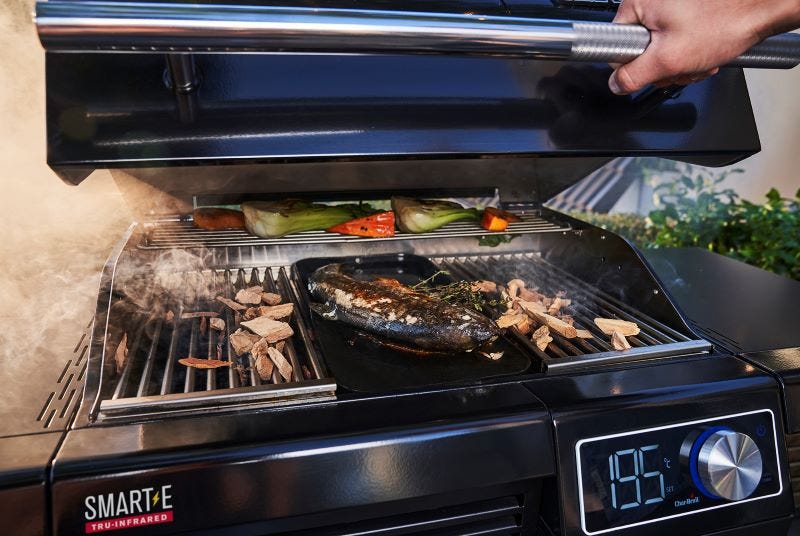 SMART-E Elektrogrill mit Fisch auf Grillplatte und Räucherchips SMART-E Elektrogrill mit Fisch auf Grillplatte und Räucherchips